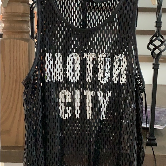 Rock & Republic Tops - Black leather tank. It says Motor City